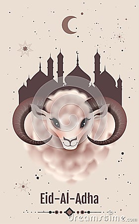 Feast of Sacrifice Eid al Adha greeting card. Ram head Vector Illustration