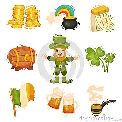 Feast of Saint Patrick Symbols and Attributes with Leprechaun and Trefoil Vector Set Vector Illustration