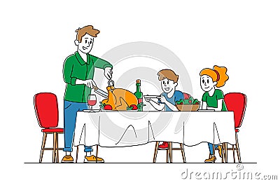 Feast, Thanksgiving Day Celebration Concept, Happy Family Dad and Kids Characters Sit at Table with Food and Drinks Vector Illustration