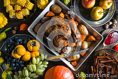 Feast with turkey on Thanksgiving, vegetables and fruits Stock Photo