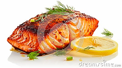 Culinary Masterpiece: Grilled Salmon Perfection on a White Canvas Stock Photo
