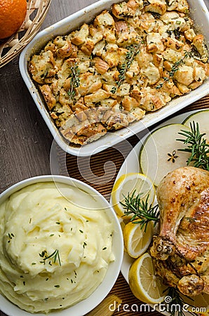 Feasting - stuffed roast chicken with herbs Stock Photo