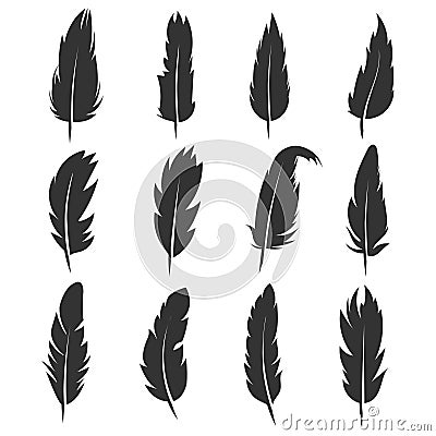 Feather, antique pen black vector icons isolated on white background Vector Illustration