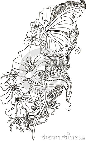 Feather with butterfly in tangle doodle style Vector Illustration