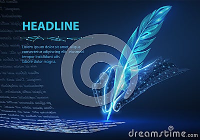 Feather in digital hand. Automatic text generator, AI writing, artificial intelligence copywriter Vector Illustration