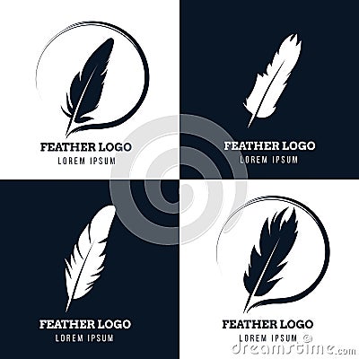 Feather, elegant pen, law firm, lawyer, writer literary vector logos set Vector Illustration