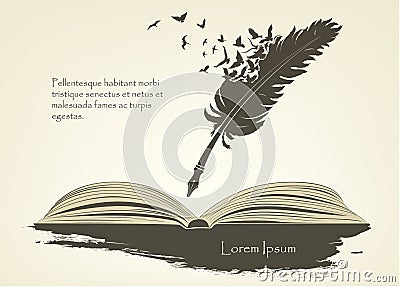 Feather with flying birds and open book Vector Illustration