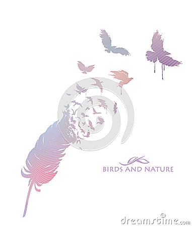 Feather with flying flock of birds Vector Illustration