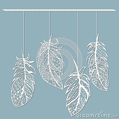 Feather. Laser cut. Feathers on a string. Template for laser cutting and Plotter. Vector illustration. Sticker. Pattern for the Vector Illustration