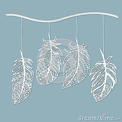 Feather. Laser cut. Feathers on a string. Template for laser cutting and Plotter. Vector illustration. Sticker. Pattern for the Vector Illustration