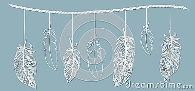 Feather. Laser cut. Feathers on a string. Template for laser cutting and Plotter. Vector illustration. Sticker. Pattern for the Vector Illustration