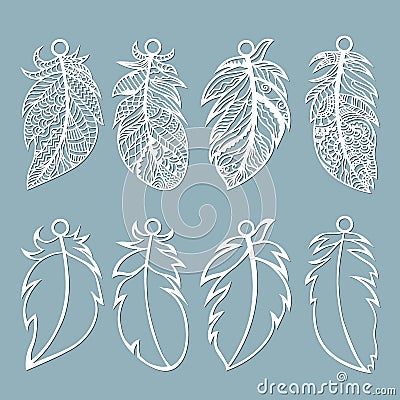 Feather. Laser cut. Feathers on a string. Template for laser cutting and Plotter. Vector illustration. Sticker. Pattern for the Vector Illustration