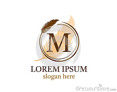 Feather letter M icon design, vector design concept circle feather with letter for initial luxury business, firm, law service, Vector Illustration