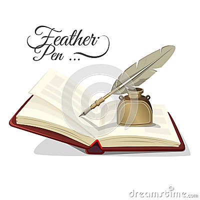 Feather pen and inkwell on open book vector illustration isolated Vector Illustration