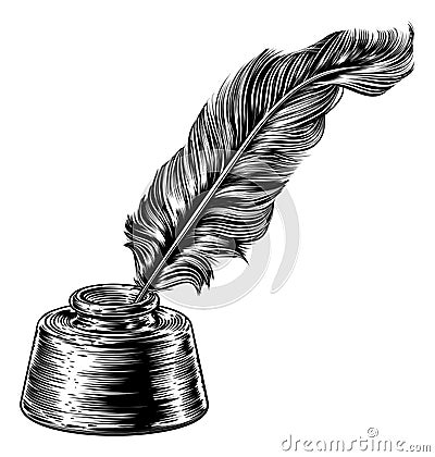 Feather Quill Ink Pen in Inkwell Vector Illustration