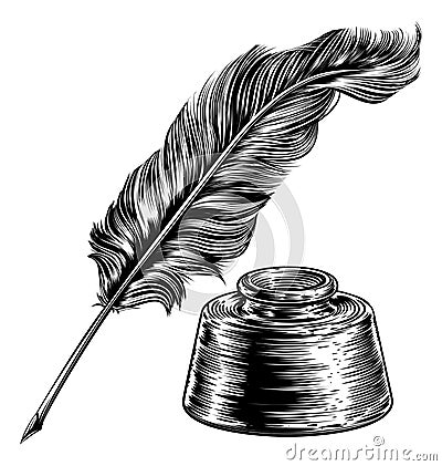 Quill Feather Pen and Ink Well Vector Illustration