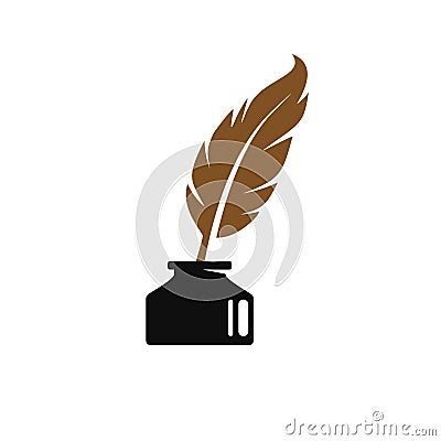 Feather quill pen logo with inkpot icon, classic stationery illustration Vector Illustration