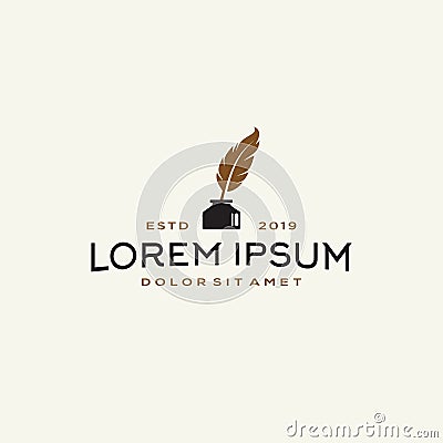 Feather quill pen logo with inkpot icon, classic stationery illustration Vector Illustration