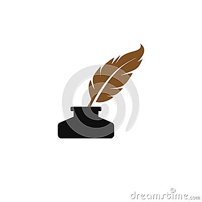 Feather quill pen logo with inkpot icon, classic stationery illustration Vector Illustration