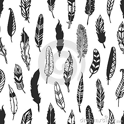 Feather rustic seamless pattern. Hand drawn vintage vector Vector Illustration