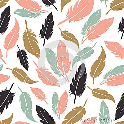 Feather seamless pattern in boho colors Vector Illustration