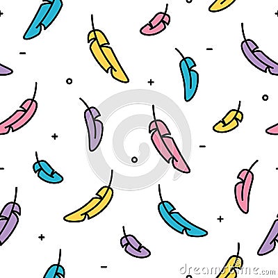 Feather seamless pattern colorful pastel with outline white background Vector Illustration