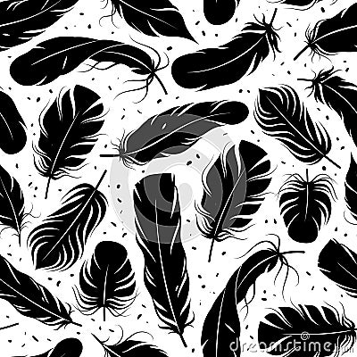 Feather seamless pattern. Curved feathers silhouettes, graphic simple shapes pen decorative element. Creative design Vector Illustration