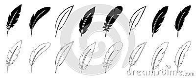 Feather set icons, quill feather silhouette, plumelet collection, bird feather signs Vector Illustration