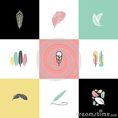 Feather. Set of logo design vector logo templates and icons Vector Illustration