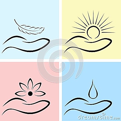 Feather, sun, flower and drop on hands Stock Photo