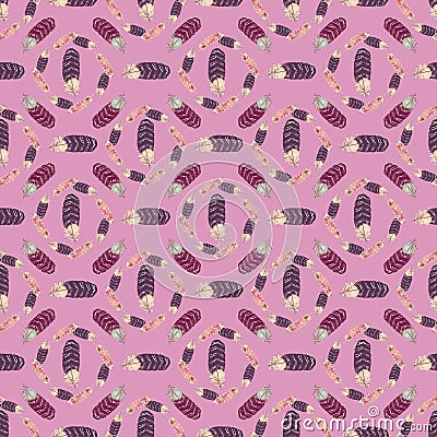 Feather wreath repeat seamless pattern in pink and purple Stock Photo