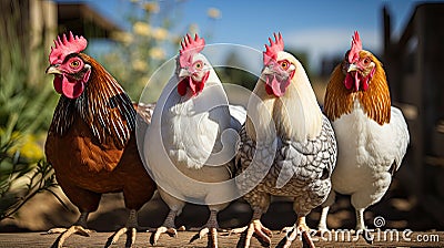 Feathered Commune: Garden Gathering of Charming Chickens Stock Photo