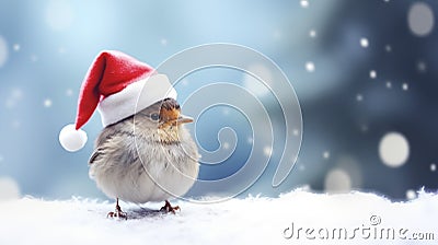 Feathered Festivity: Tiny Bird in a Christmas Hat. Ai generated Stock Photo