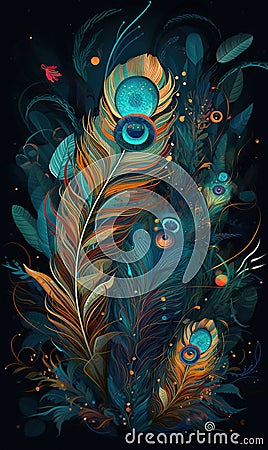 The feathers in the artwork is colorful and colorful, in the style of dark gold and dark cyan, AI Generative Stock Photo