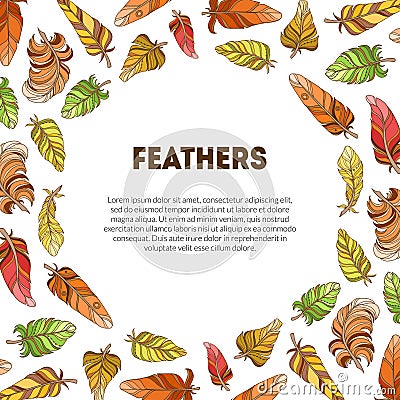 Feathers Banner with Ethnic Colorful Ornament and Place for Text, Boho Style Vector Illustration Vector Illustration