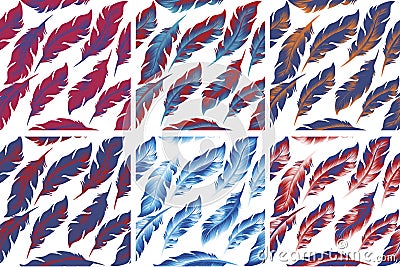 Feathers Bird seamless pattern set. Retro, doodle style. Feather endless background, texture, backdrop. Vector Vector Illustration