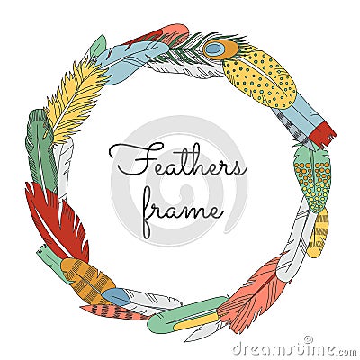 Feathers doodle multicolored circle frame. Cartoon naive style. Vector Illustration