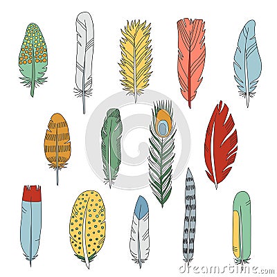 Feathers doodle multicolored icons vector set. Vector Illustration