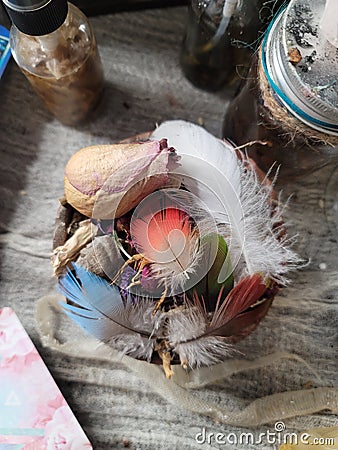 Feathers flowers offering bowl witchcraft magick Stock Photo