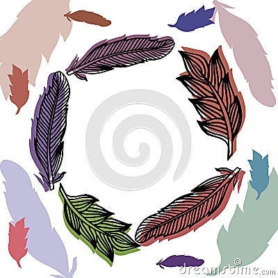 Feathers frame with colorful print. Vector Illustration