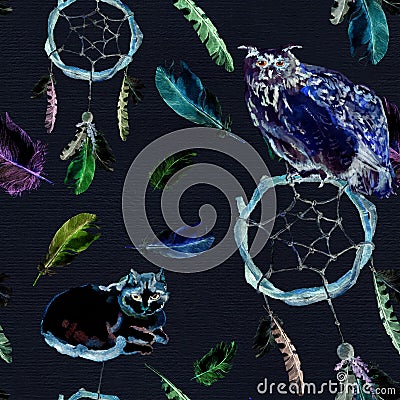 Feathers, owl, black cat, dreamcatcher, dark background. Repeating pattern Stock Photo