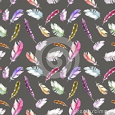 Feathers pattern for wallpaper design. Watercolor seamless background. Stock Photo