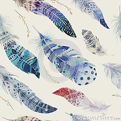 Feathers pattern. Watercolor elegant background. Watercolour col Cartoon Illustration