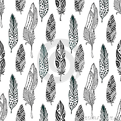 Feathers seamless pattern in ethnic style. Hand drawn zentangle doodle ornament pattern with vector feather Vector Illustration