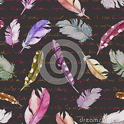 Feathers, vintage hand written letter. Watercolor seamless pattern. Stock Photo