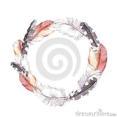 Feathers. Vintage wreath border, boho style. Watercolor Stock Photo