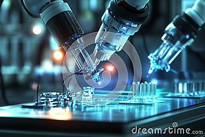 Feature a high-tech scene showcasing nanobots or microscopic devices at work. Imagine a futuristic lab where tiny robots Stock Photo