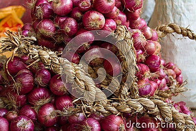 Features of harvesting red onions Stock Photo