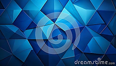 features overlapping blue triangles, creating a layered, textured, and shadowed geometric pattern Stock Photo