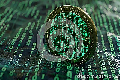Featuring a the bitcoin logo made out of green digital binary code, in a high resolution, highly detailed, closeup style, wit Cartoon Illustration